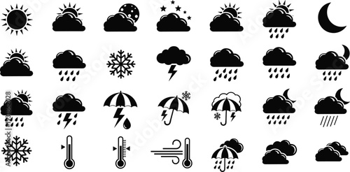 Black Weather Icon Set Collection Sun Cloud Rain Snow Storm Temperature Vector Illustration
