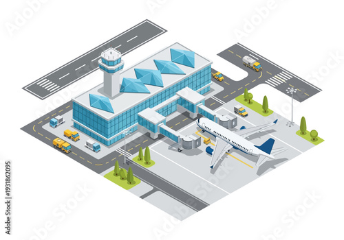 Isometric Airport Terminal with Control Tower.