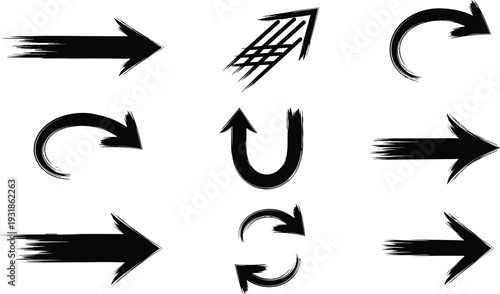 Grunge Brush Stroke Arrow Icon Set Black Painted Directional Symbols Collection Isolated Vector Illustration