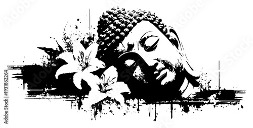 Buddha head with lily flowers in abstract black and white grunge ink style