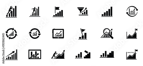 Business Analytics and Performance Growth Icon Set with KPI Dashboard, Financial Chart, Marketing Report, Progress Tracking and Corporate Strategy Silhouette Vector Collection