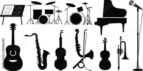 Musical instrument silhouettes, piano, drum set, guitar, saxophone, violin, cello, trumpet, trombone, microphone, music stand, sheet music illustration