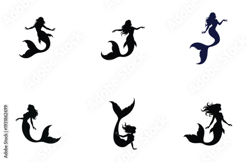 Mermaid Silhouette Collection Elegant Mythical Creatures Vector Illustration