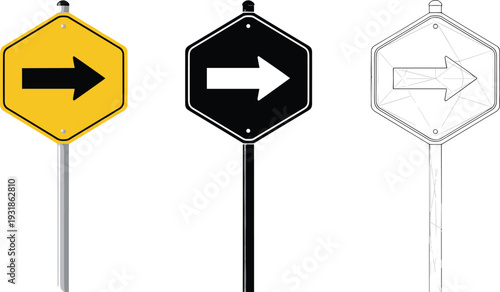 Hexagon Right Arrow Road Sign Mockup Yellow and Black Directional Traffic Symbol Vector Illustration