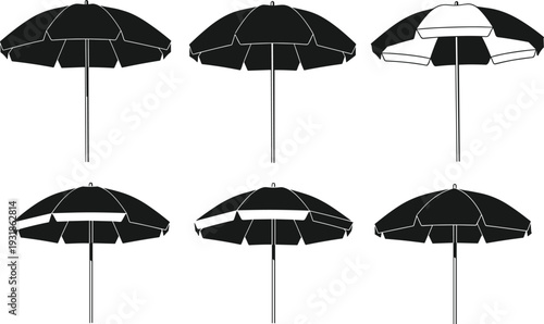 Beach umbrella silhouette set with different open canopy styles, black parasol vector collection isolated on white background