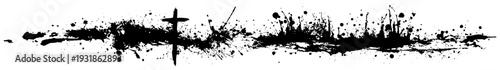 Long horizontal grunge border with ink splatters and a cross silhouette