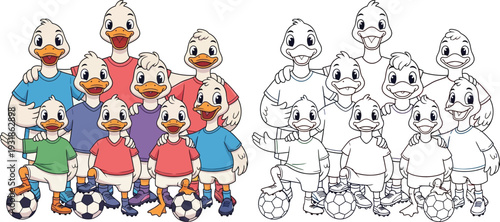 Happy Cartoon Duck Soccer Team Group Photo Coloring Page