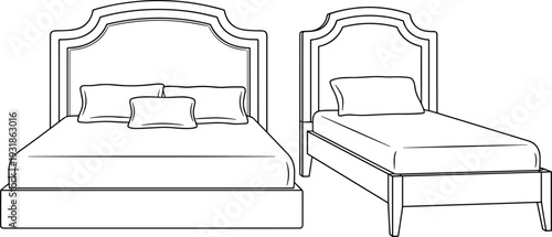 Bed outline illustration set with pillows and mattress, modern bedroom furniture line art vector isolated on white background