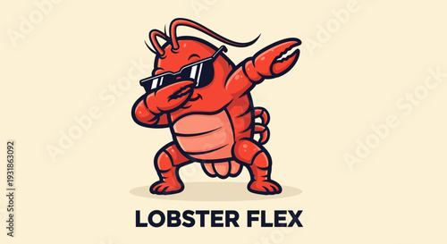 Cartoon Lobster Character Showing Muscle Flex.