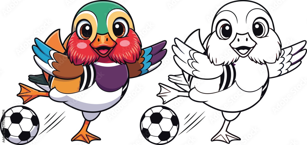 Naklejka premium Colorful Cartoon Mandarin Duck Playing Soccer Coloring Page
