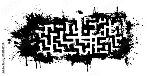 Mysterious maze labyrinth pattern within a heavy black ink splatter frame with drip textures