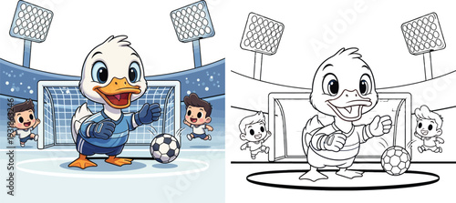 Cute Cartoon Duck Goalkeeper with Kids in Soccer Stadium Coloring Page