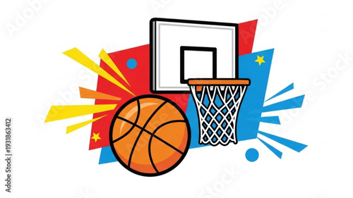 Basketball Hoop with Ball, Sports Action Graphic, Dynamic Background, Flat Design Vector Illustration