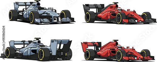 Modern Formula racing car set in red and silver colors, front and rear view motorsport vehicle vector illustration