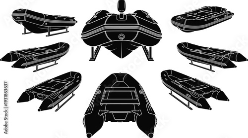 Inflatable motor boat set with multiple angles, black rubber dinghy top front side views vector illustration