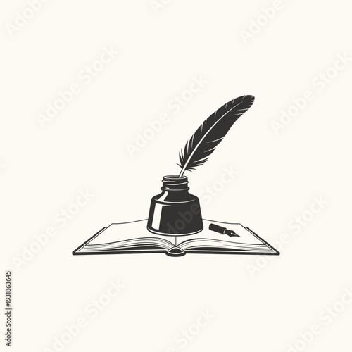 Quill Pen in Inkwell on Open Book - Literature and Writing Concept