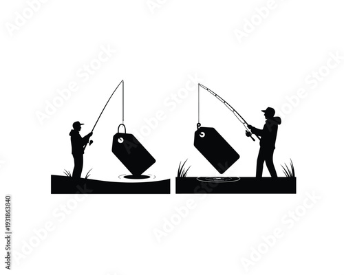 Two Men Fishing for Price Tags Silhouette
