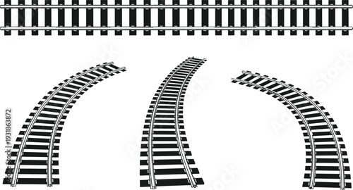 Railway track set with straight and curved rails, black train railroad silhouette collection isolated vector illustration