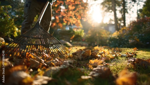 Raking Autumn Leaves in a Sunny Garden with Golden Light.