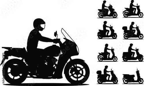 Silhouette motorbike and scooter riders collection motorcycle with helmet scooter variety riding posture illustration design concept artwork transportation