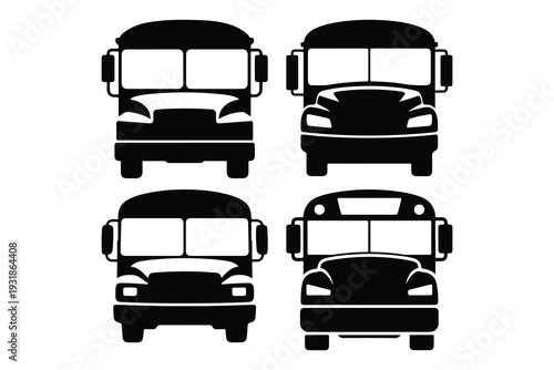 Four black school bus silhouettes facing forward vehicles