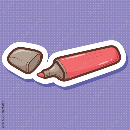 Vibrant Red Highlighter Pen with Cap Off School and Office Stationery Sticker Vector Art