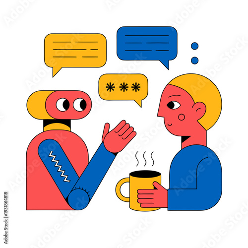 A robot and a human having a conversation over coffee