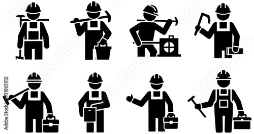 Construction workers with various tools in action poses