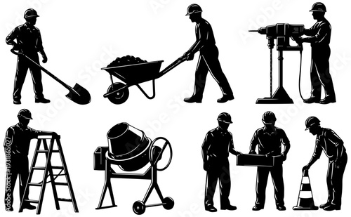 Construction workers engaging in various tasks on a building site