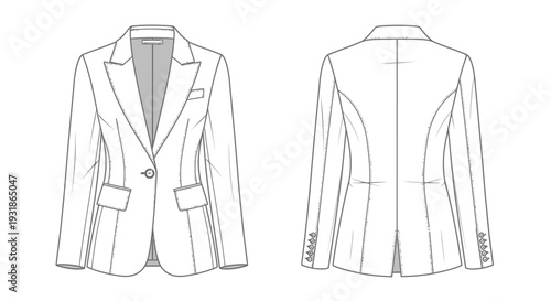 Technical illustration of a women s tailored blazer front and back view