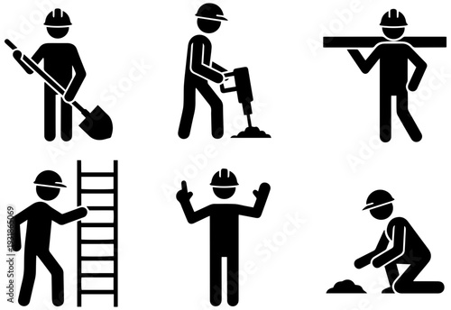 Construction workers in various tasks and poses with hard hats