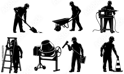 Construction workers in various tasks with tools and equipment