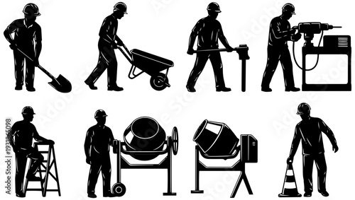Construction workers performing various tasks with heavy machinery