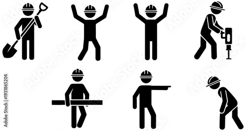 Construction workers in various actions wearing hard hats