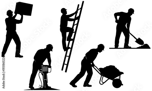 Construction workers laborers performing various tasks on site