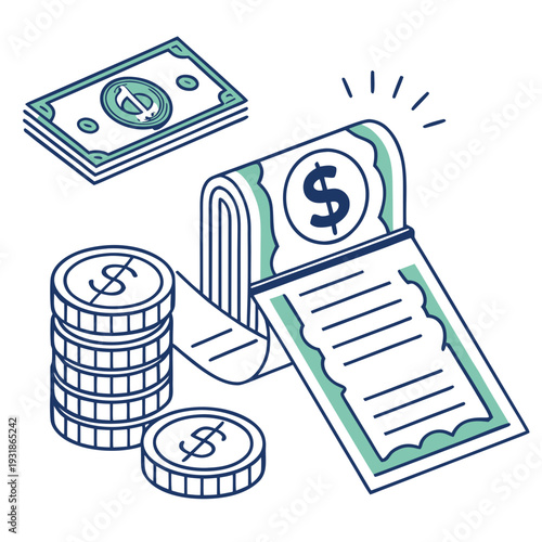 An illustration of money and a bill with a dollar sign