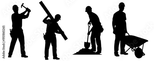 Construction workers in various tasks on a building site