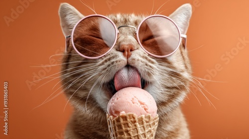 Adorable Cat with Pink Sunglasses Licking Pink Strawberry Ice Cream Cone. Summer Treat and Pet Humour