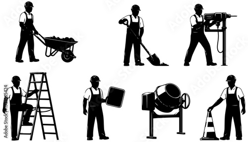 Construction workers in various tasks and tools on site