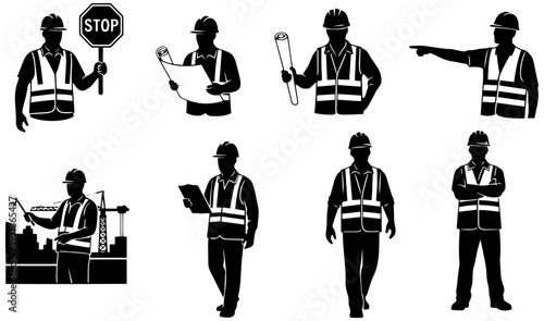 Construction workers in various poses wearing safety vests and hard hats