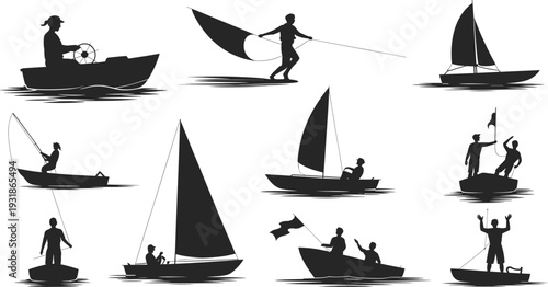 Silhouette people boating and fishing activities motorboat sailboat casting net fishing rod water recreation illustration design concept artwork collectionSilhouette people 