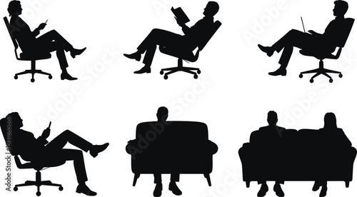 Silhouette people sitting on chairs and sofas reading using laptop holding phone relaxing illustration posture activity design concept artwork