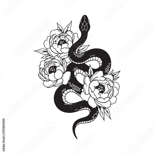 Black snake coiled with white peonies and leaves, snake, serpent, flower, peony, floral