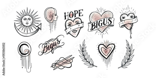 Tattoo flash art with various symbols and words