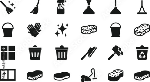Professional Cleaning Service Housekeeping Equipment Icon Set Featuring Broom Spray Bottle Bucket Sponge And Vacuum Cleaner For Sanitary Maintenance Graphic Design