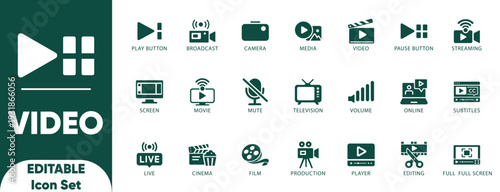 Video Solid icon set. play, pause, media, online video, live, production, player, Containing camera, and cinema icons.