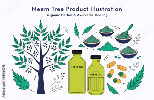 An illustration of Neem tree products, including oil bottles, capsules, and herbal powders, for organic and Ayurvedic healing.