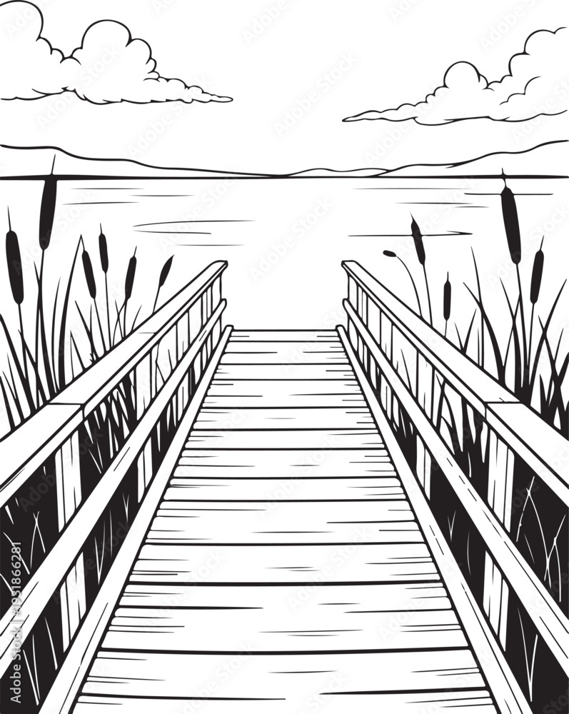Fototapeta premium Wooden Pier Over Calm Lake with Reeds: Peaceful Waterfront Landscape Vector, engraving Boardwalk Line Art: Black and White Nature Scene for Coloring