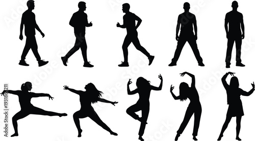 Walking and dancing people silhouettes collection, active men women movement pose fitness lifestyle black isolated human silhouette set