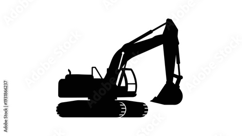 Excavator Silhouette: Construction Machine Icon on White Background